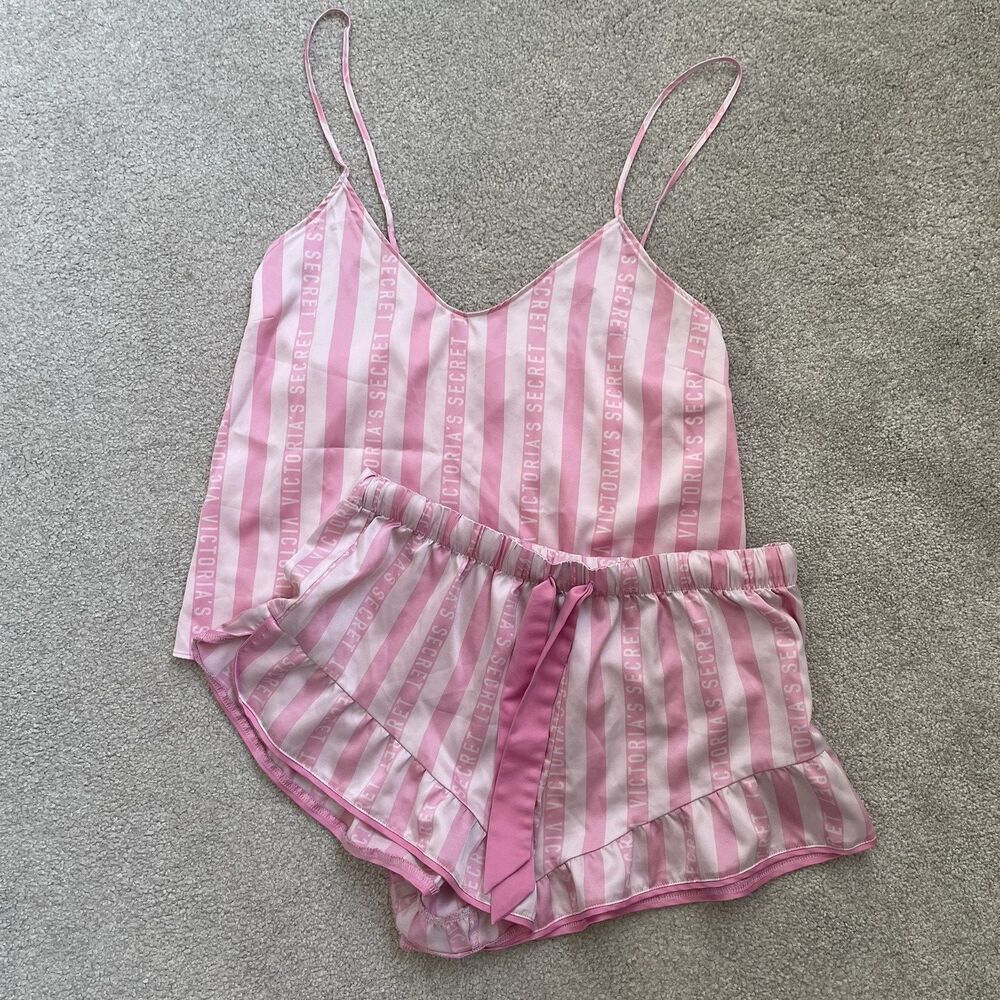 Victoria's Secret Sat Pajama Lingerie Shorts Tank Set Pink Stripes Size Small